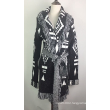 Fashion aztec design tassel shawl collar wrap sweater coat computer knitted women winter sweater coat